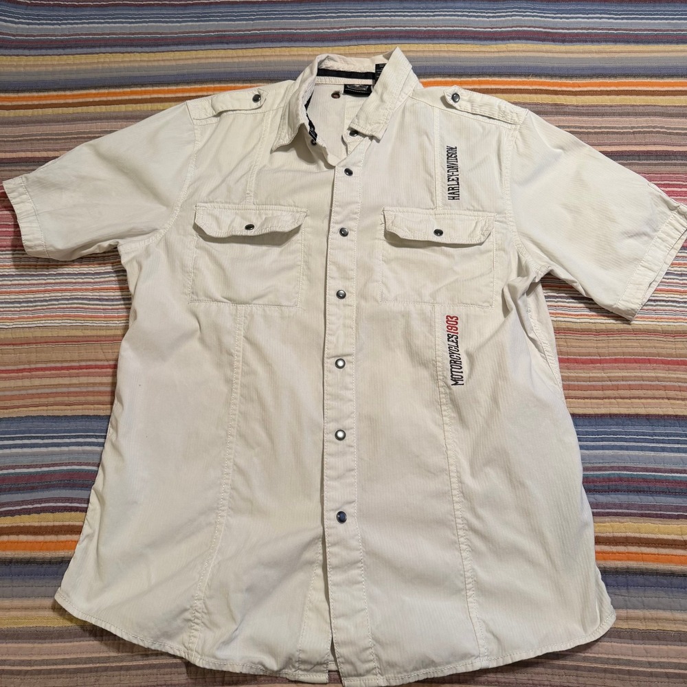 Harley-Davidson Mens White Short Sleeve Snap Front Biker Shirt Size Large‎